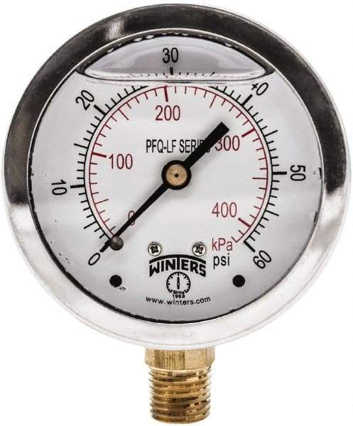 Winters - 2-1/2" Dial, 1/4 Thread, 0-60 Scale Range, Pressure Gauge - Lower Connection Mount, Accurate to 1.5% of Scale - Industrial Tool & Supply
