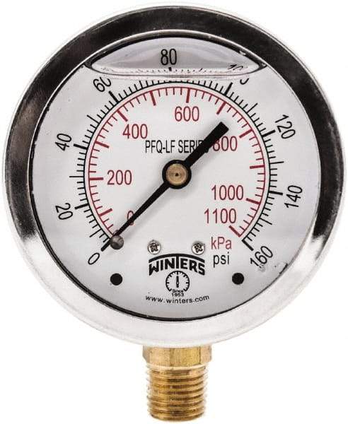 Winters - 2-1/2" Dial, 1/4 Thread, 0-160 Scale Range, Pressure Gauge - Lower Connection Mount, Accurate to 1.5% of Scale - Industrial Tool & Supply