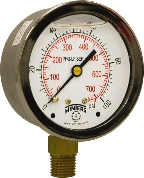 Winters - 2-1/2" Dial, 1/4 Thread, 0-100 Scale Range, Pressure Gauge - Lower Connection Mount, Accurate to 1.5% of Scale - Industrial Tool & Supply