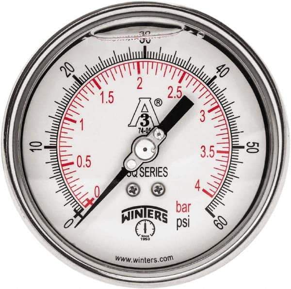 Winters - 4" Dial, 1-1/2 Thread, 0-60 Scale Range, Pressure Gauge - Center Back Connection Mount, Accurate to 0.01% of Scale - Industrial Tool & Supply