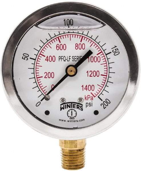 Winters - 2-1/2" Dial, 1/4 Thread, 0-200 Scale Range, Pressure Gauge - Lower Connection Mount, Accurate to 1.5% of Scale - Industrial Tool & Supply
