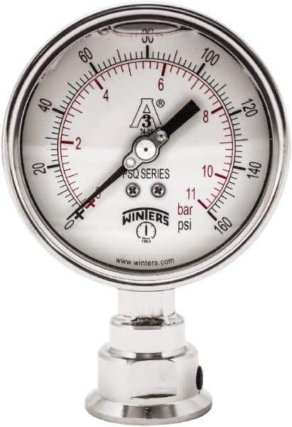 Winters - 4" Dial, 1-1/2 Thread, 0-160 Scale Range, Pressure Gauge - Lower Connection Mount, Accurate to 0.01% of Scale - Industrial Tool & Supply