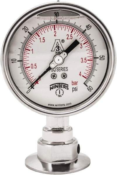 Winters - 4" Dial, 2 Thread, 0-60 Scale Range, Pressure Gauge - Lower Connection Mount, Accurate to 0.01% of Scale - Industrial Tool & Supply