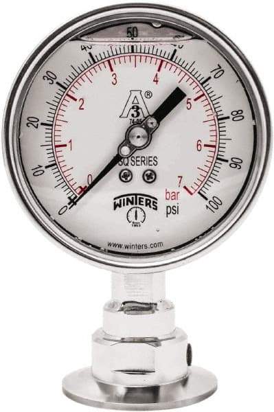 Winters - 4" Dial, 2 Thread, 0-100 Scale Range, Pressure Gauge - Lower Connection Mount, Accurate to 0.01% of Scale - Industrial Tool & Supply