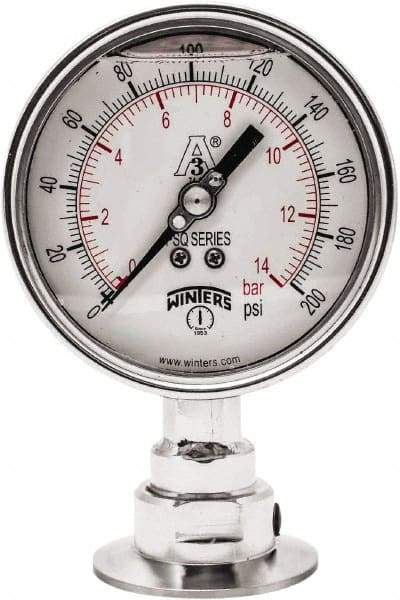 Winters - 4" Dial, 2 Thread, 0-200 Scale Range, Pressure Gauge - Lower Connection Mount, Accurate to 0.01% of Scale - Industrial Tool & Supply