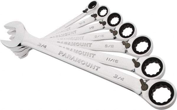 Paramount - 7 Piece, 3/8" to 3/4", 12 Point Reversible Ratcheting Combination Wrench Set - Inch Measurement Standard, Full Polish Chrome Finish, Comes in Blow Molded Case - Industrial Tool & Supply