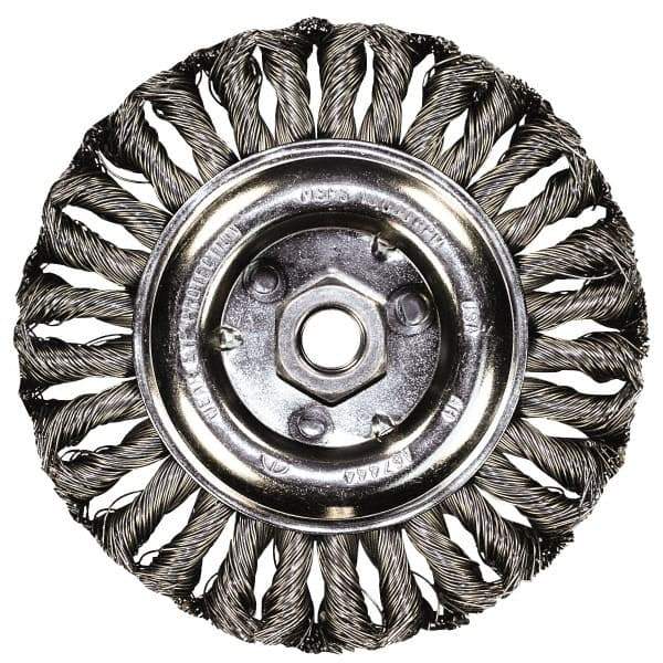 PFERD - 4" OD, 5/8-11 Arbor Hole, Knotted Stainless Steel Wheel Brush - 3/8" Face Width, 3/4" Trim Length, 0.014" Filament Diam, 15,000 RPM - Industrial Tool & Supply
