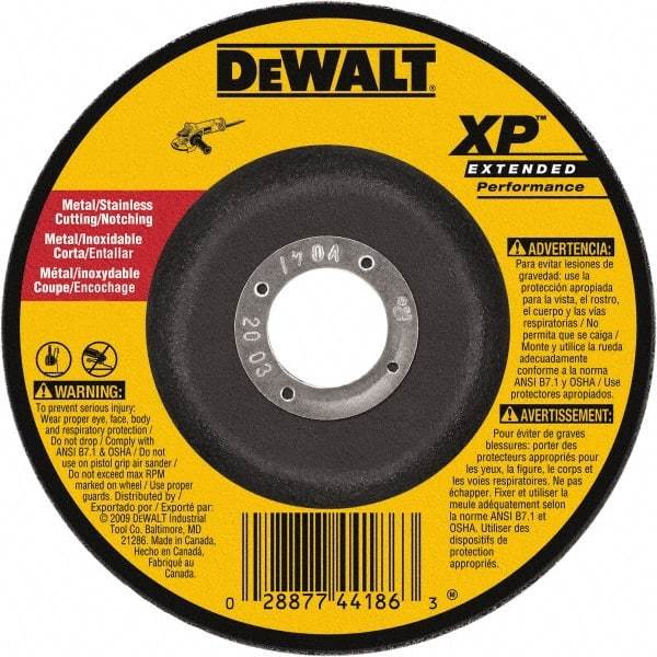 DeWALT - 24 Grit, 9" Wheel Diam, 3/32" Wheel Thickness, 7/8" Arbor Hole, Type 27 Depressed Center Wheel - Zirconia Alumina, Resinoid Bond, 6,600 Max RPM - Industrial Tool & Supply