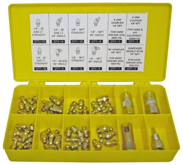PRO-LUBE - 60 Piece, Inch, Box Plastic Steel Grease Fitting Set - Includes PTF, UNF Thread Types, Includes 1/4-28 SAE-LT: (25) Straight, (4) 45°, (4) 90°, 1/8-27 PTF: (15) Straight, (4) 45°, (4) 90° - Industrial Tool & Supply