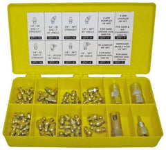 PRO-LUBE - 60 Piece, Inch, Box Plastic Steel Grease Fitting Set - Includes PTF, UNF Thread Types, Includes 1/4-28 SAE-LT: (25) Straight, (4) 45°, (4) 90°, 1/8-27 PTF: (15) Straight, (4) 45°, (4) 90° - Industrial Tool & Supply