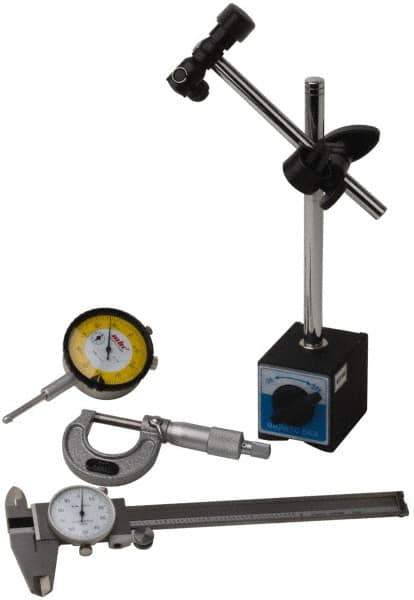 Import - 4 Piece, Machinist Caliper and Micrometer Tool Kit - Includes Base, Micrometer, Caliper and Indicator - Industrial Tool & Supply