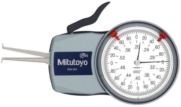 Mitutoyo - 0.2 to 0.6" Inside Dial Caliper Gage - 0.0002" Graduation, 0.0008" Accuracy, 1.37" Leg Length, 0.09" Deep x 0.032" Wide Groove, Ball Contact Points - Industrial Tool & Supply