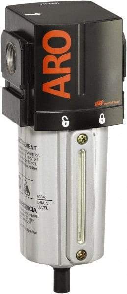 ARO/Ingersoll-Rand - 3/8" Port, 7.047" High x 2.874" Wide Standard Filter with Metal Bowl, Manual Drain - 156 SCFM, 250 Max psi, 175°F Max Temp, Sight Glass Included, Modular Connection, 2.4 oz Bowl Capacity - Industrial Tool & Supply