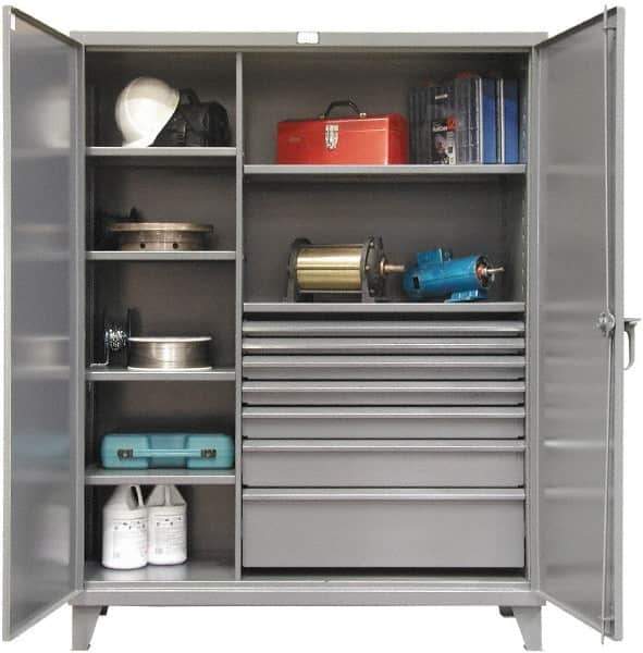 Strong Hold - 6 Shelf 7 Bin Locking Storage Cabinet - Steel, 60" Wide x 24" Deep x 78" High, Dark Gray - Industrial Tool & Supply