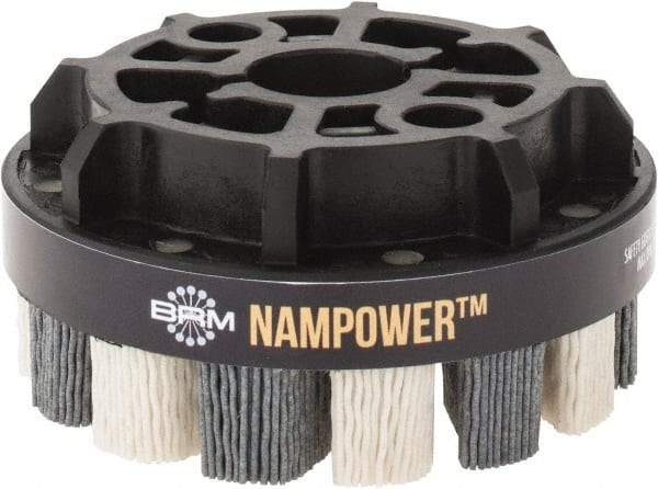 Brush Research Mfg. - 4" 180 Grit Ceramic/Silicon Carbide Tapered Disc Brush - Medium Fine Grade, CNC Adapter Connector, 0.71" Trim Length, 7/8" Arbor Hole - Industrial Tool & Supply