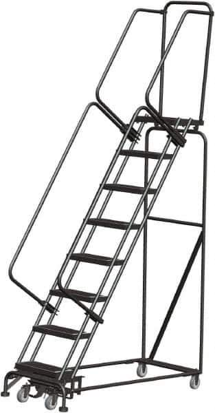 Ballymore - 113" 8 Step Rolling Warehouse Ladder - Lock Step Rolling Safety Ladder, 450 Lb Capacity, 80" Platform Height, 24" Base Width x 61" Base Depth, Perforated Tread - Industrial Tool & Supply