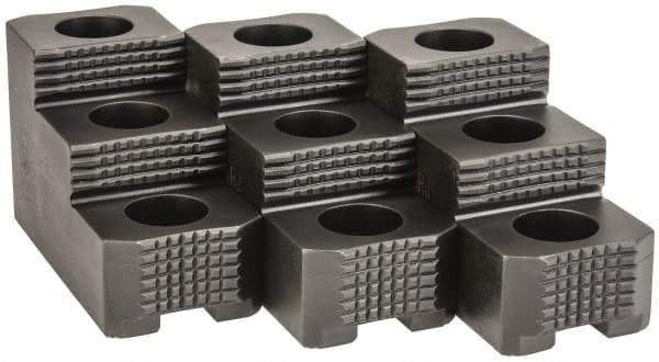 H & R Manufacturing - 15" Max Chuck Diam Compatibility, Case Hardened Steel 1.5mm x 60° Serrated Hard Lathe Top Jaws - 2 Steps, 0.866" Groove Width, 2-1/2" Wide x 5-1/2" Long x 3-15/32" High - Industrial Tool & Supply