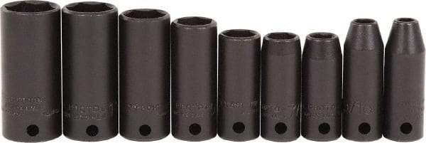 Proto - 9 Piece 3/8" Drive Black Finish Deep Well Impact Socket Set - 6 Points, 1/4" to 3/4" Range, Inch Measurement Standard - Industrial Tool & Supply