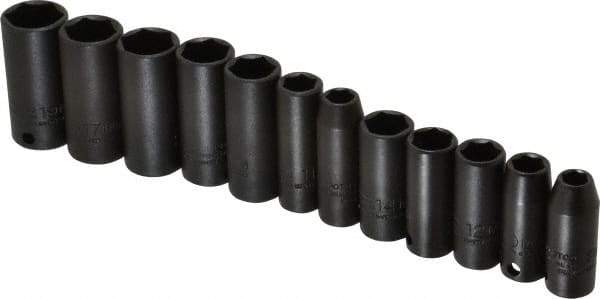 Proto - 12 Piece 3/8" Drive Black Finish Deep Well Impact Socket Set - 6 Points, 8mm to 19mm Range, Metric Measurement Standard - Industrial Tool & Supply