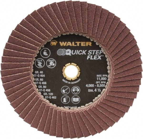 WALTER Surface Technologies - 120 Grit, 4-1/2" Disc Diam, Type 29 Aluminum Oxide Flap Disc - 11,000 Max RPM, Fiber Backing, Arbor Attaching System, Coated - Industrial Tool & Supply