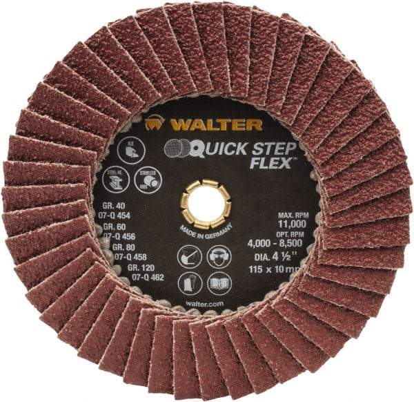 WALTER Surface Technologies - 40 Grit, 4-1/2" Disc Diam, Type 29 Aluminum Oxide Flap Disc - 11,000 Max RPM, Fiber Backing, Arbor Attaching System, Coated - Industrial Tool & Supply