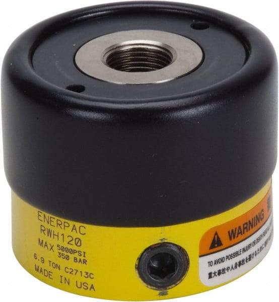 Enerpac - 6.9 Ton, 0.32" Stroke, 0.86 Cu In Oil Capacity, Portable Hydraulic Hollow Hole Cylinder - 2.76 Sq In Effective Area, 2.22" Lowered Ht., 2.54" Max Ht., 1.375" Plunger Rod Diam, 5,000 Max psi - Industrial Tool & Supply