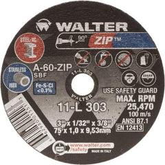 WALTER Surface Technologies - 3" Aluminum Oxide Cutoff Wheel - 1/16" Thick, 3/8" Arbor, 25,470 Max RPM, Use with Die Grinders - Industrial Tool & Supply