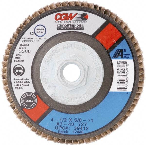 Camel Grinding Wheels - 40 Grit, 7" Disc Diam, 7/8" Center Hole, Type 27 Aluminum Oxide Flap Disc - 8,600 Max RPM, Polyester Backing, Arbor Attaching System, Coated - Industrial Tool & Supply