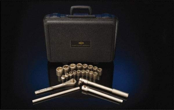 Ampco - 15 Piece 1/4" Drive Full Polish Finish Socket Set - 6 Points, 4mm to 14mm Range, Metric Measurement Standard - Industrial Tool & Supply