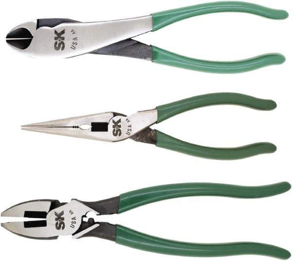 SK - 3 Piece Long Nose, Diagonal & Lineman's Plier Set - Comes in Plastic Pouch - Industrial Tool & Supply