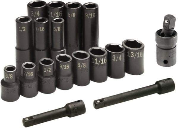 SK - 17 Piece 1/2" Drive Standard Deep Impact Socket Set - 6 Points, 3/8 to 3/4", Inch Measurement Standard - Industrial Tool & Supply