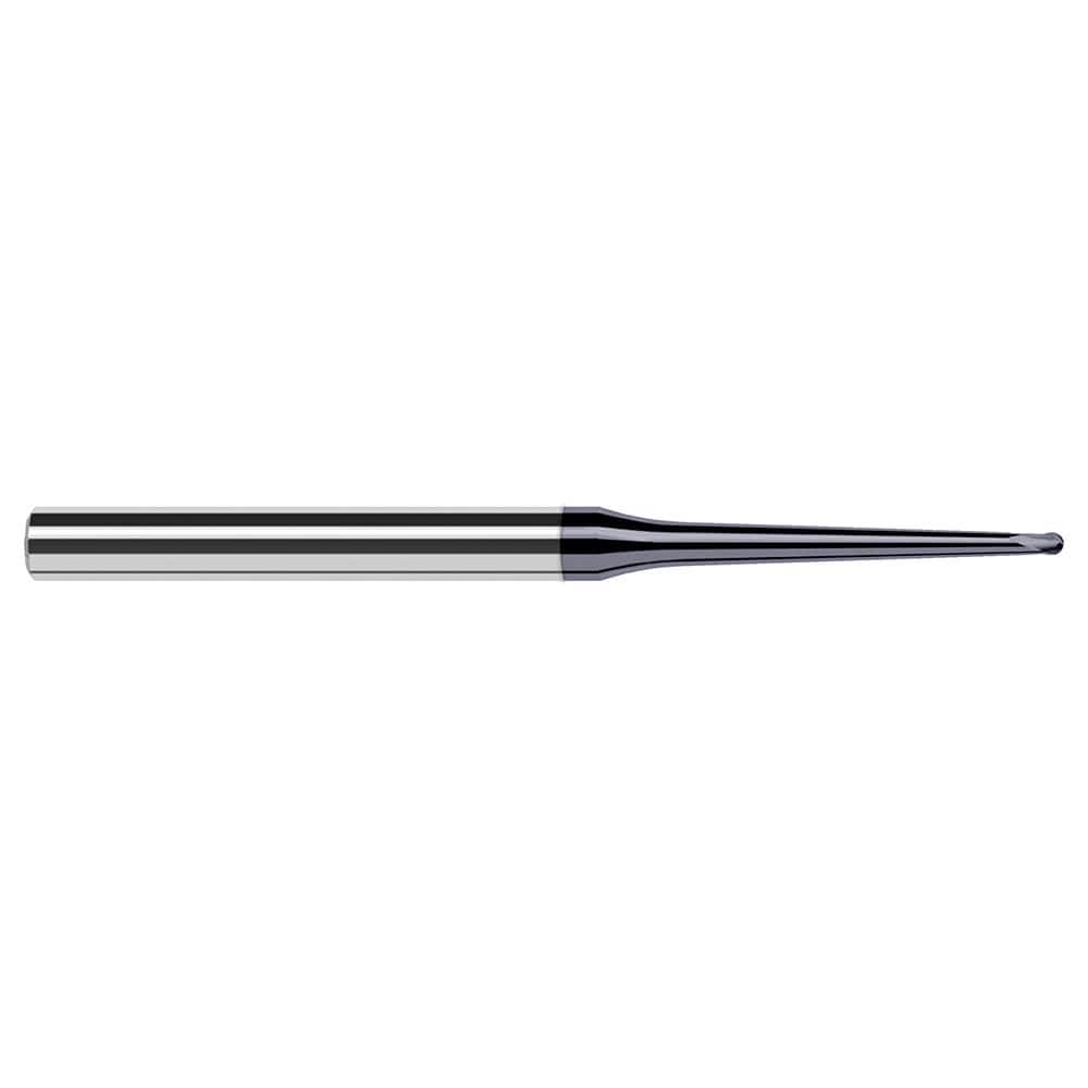 Ball End Mill: 0.062″ Dia, 0.05″ LOC, 2 Flute, Solid Carbide 2-1/2″ OAL, 1/4″ Shank Dia, 20 ° Helix, AlTiN Coated, Single End