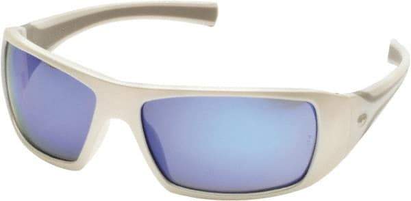 PYRAMEX - Ice Blue Mirror Lenses, Framed Safety Glasses - Scratch Resistant, White Polycarbonate/Thermoplastic Rubber Frame, Size Universal, Wrap Around - Industrial Tool & Supply
