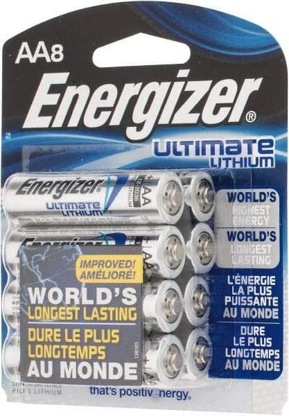 Energizer - Size AA, Lithium, 8 Pack, Photo Battery - 1.5 Volts, Button Tab Terminal, FR6, ANSI, IEC Regulated - Industrial Tool & Supply