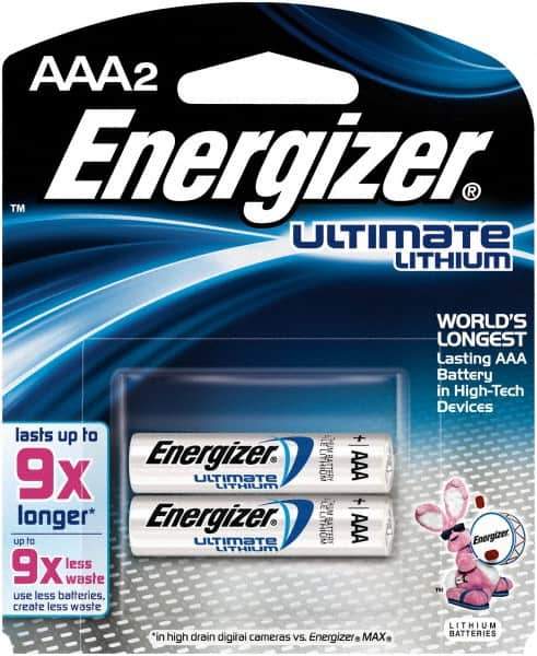 Energizer - Size AAA, Lithium, 2 Pack, Photo Battery - 1.5 Volts, Flat Terminal, FR03, ANSI, IEC Regulated - Industrial Tool & Supply