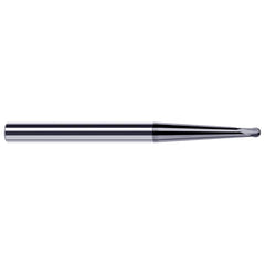 Ball End Mill: 0.062″ Dia, 0.05″ LOC, 2 Flute, Solid Carbide 2-1/2″ OAL, 3/16″ Shank Dia, 35 ° Helix, AlTiN Coated, Single End