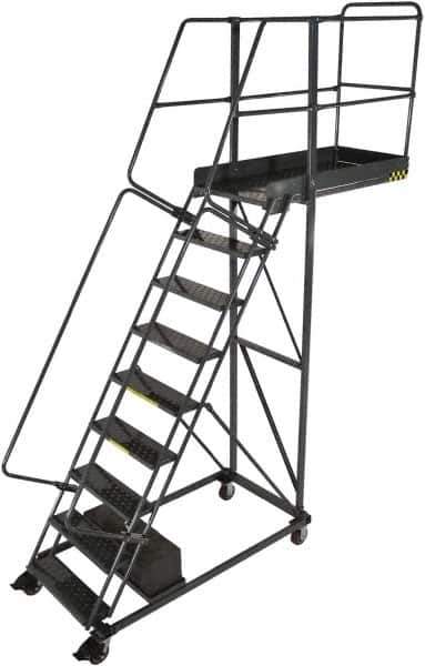 Ballymore - 126" 9 Step Cantilever Ladder - Rolling Safety Ladder, 300 Lb Capacity, 90" Platform Height, 32" Base Width x 65" Base Depth, Serrated - Industrial Tool & Supply