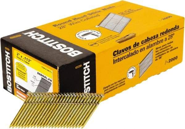 Stanley Bostitch - 12 Gauge 0.113" Shank Diam 2" Long Framing Nails for Power Nailers - Steel, Galvanized Finish, Smooth Shank, Angled Stick Wire Collation, Round Head, Diamond Point - Industrial Tool & Supply
