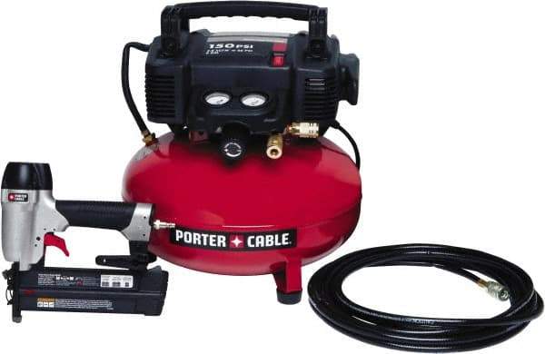 Porter-Cable - 0.80 HP, 2.6 SCFM at 90 psi CFM Pancake Nailer Combo Kit - 6 Gallon Tank, 10 Amp, 150 Max psi, 120V - Industrial Tool & Supply