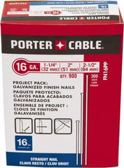 Porter-Cable - 16 Gauge 2-1/2" Long Finishing Nails for Power Nailers - Steel, Galvanized Finish, Smooth Shank, Straight Stick Collation, Chisel Point - Industrial Tool & Supply