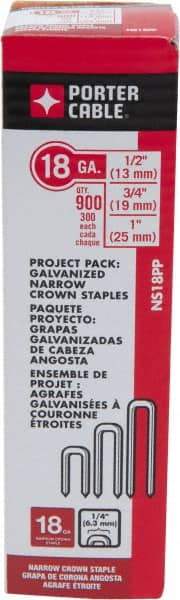 Porter-Cable - 1/2", 3/4, and 1" Long x 1/4" Wide, 18 Gauge Narrow Crown Construction Staple Multi Pack - Steel, Galvanized Finish. 300/size - Industrial Tool & Supply