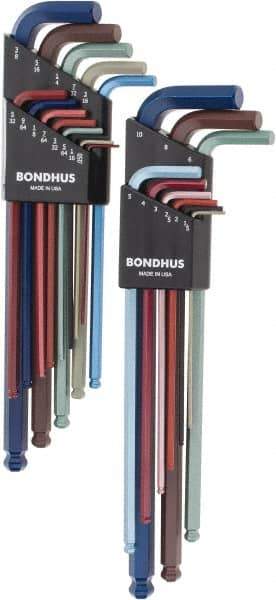 Bondhus - 22 Piece L-Key Ball End Hex Key Set - Hex Range 0.05 to 3/8", 8.4" OAL - Industrial Tool & Supply