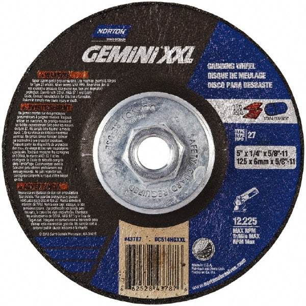 Norton - 24 Grit, 5" Wheel Diam, 1/4" Wheel Thickness, Type 27 Depressed Center Wheel - Aluminum Oxide, 8,600 Max RPM - Industrial Tool & Supply