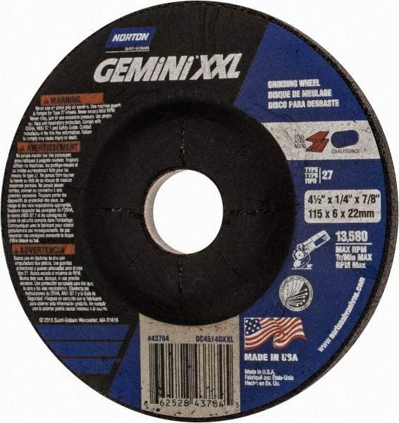 Norton - 24 Grit, 4-1/2" Wheel Diam, 1/4" Wheel Thickness, 7/8" Arbor Hole, Type 27 Depressed Center Wheel - Aluminum Oxide, 13,580 Max RPM - Industrial Tool & Supply