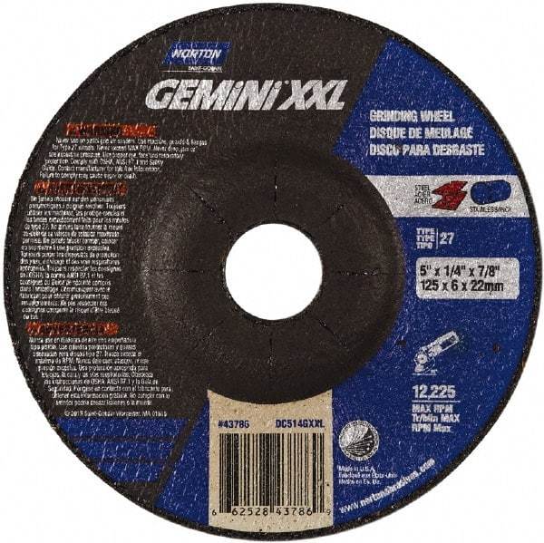 Norton - 24 Grit, 5" Wheel Diam, 1/4" Wheel Thickness, 7/8" Arbor Hole, Type 27 Depressed Center Wheel - Aluminum Oxide, 10,185 Max RPM - Industrial Tool & Supply