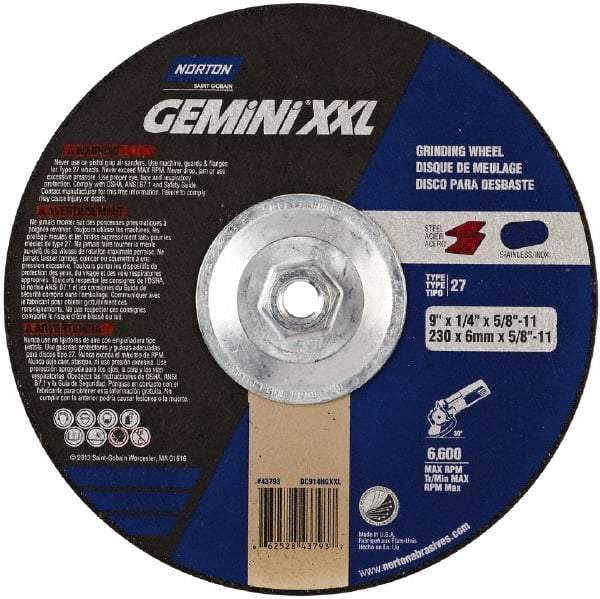 Norton - 24 Grit, 9" Wheel Diam, 1/4" Wheel Thickness, Type 27 Depressed Center Wheel - Zirconia Alumina, 6,600 Max RPM - Industrial Tool & Supply