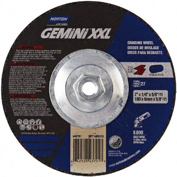 Norton - 24 Grit, 7" Wheel Diam, 1/4" Wheel Thickness, Type 27 Depressed Center Wheel - Aluminum Oxide, 10,185 Max RPM - Industrial Tool & Supply