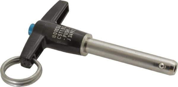 Jergens - 5/16" Diam, 1-1/2" Usable Length, T Handle, Push Button Quick Release Pin - 3-1/8" Overall Length, Grade 17-4 Stainless Steel, Passivated Finish - Industrial Tool & Supply