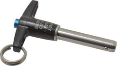 Jergens - 3/8" Diam, 1-1/2" Usable Length, T Handle, Push Button Quick Release Pin - 3-3/8" Overall Length, Grade 17-4 Stainless Steel, Passivated Finish - Industrial Tool & Supply