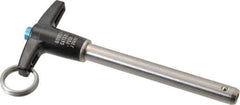 Jergens - 3/8" Diam, 3" Usable Length, T Handle, Push Button Quick Release Pin - 4-7/8" Overall Length, Grade 17-4 Stainless Steel, Passivated Finish - Industrial Tool & Supply